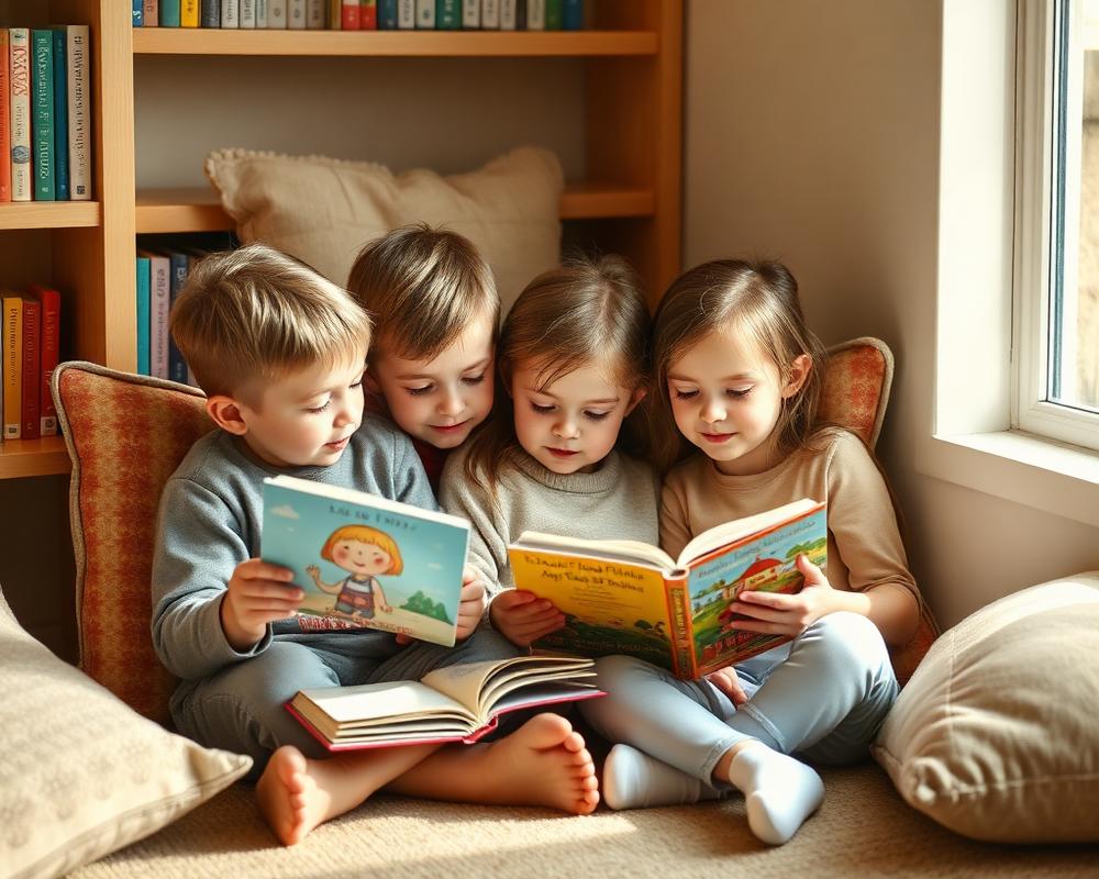 أطفال يقرأون القصص في مكتبة المدرسة